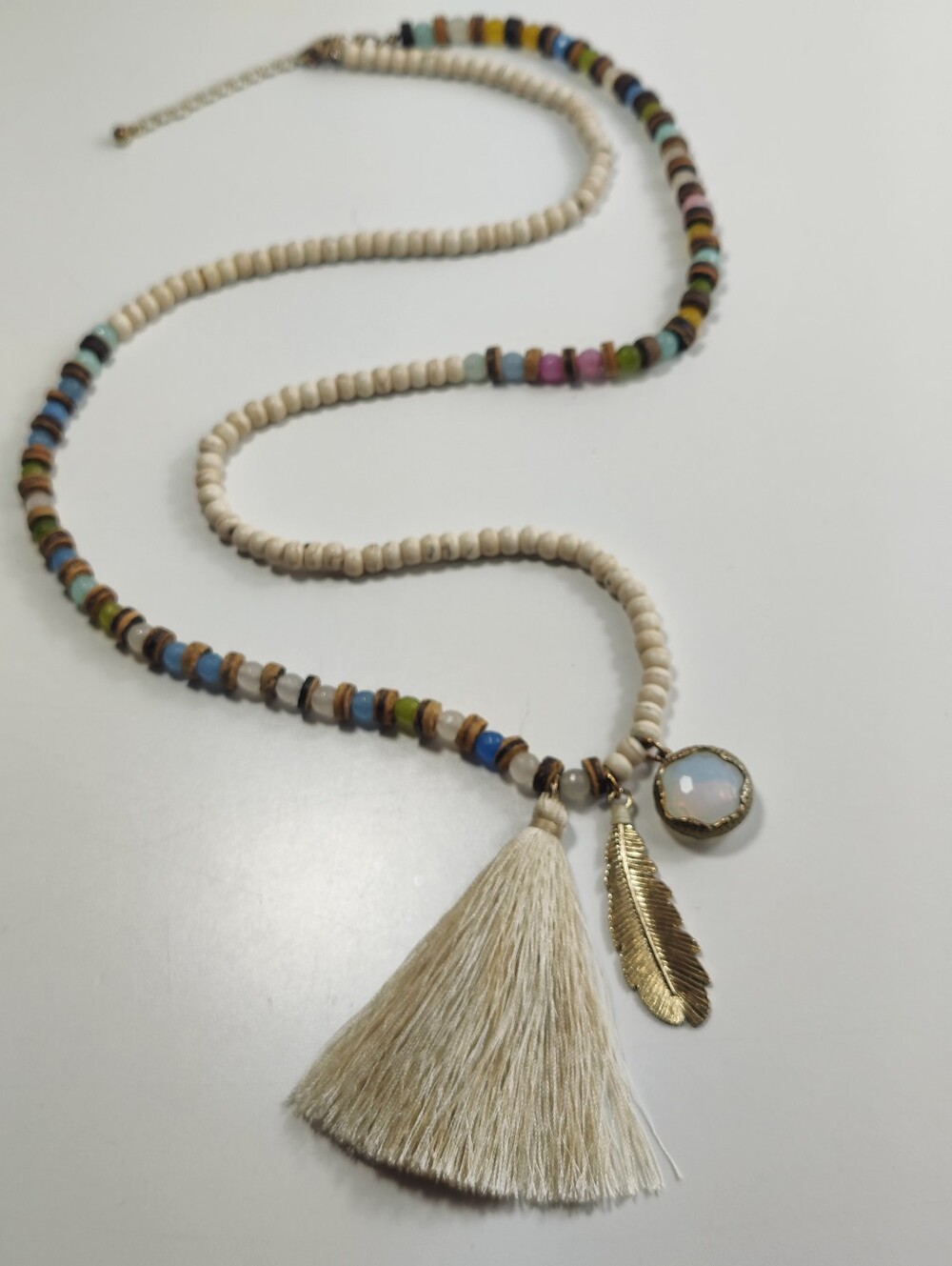Boho Tassel Necklace Natural Beads Faceted Stone Beads Feather Charm 34-36"